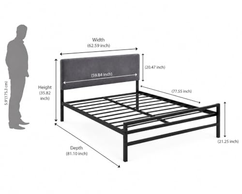 Image of Metal Platform Bed Frame with Upholstered Headboard, Grey Tufted headboard, Minimalist Bedroom Furniture, Sturdy Steel Slat Support, Contemporary Bedroom Decor, Queen Size Comfortable