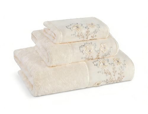 Zahari Home 3 Piece Bath Towels Set for Bathroom Bath Hand & Wash Cloths Decorative Stylish Plush Cotton Washcloths - Showering Face & Body Washing Airbnb Essentials & Host Accessories Beige