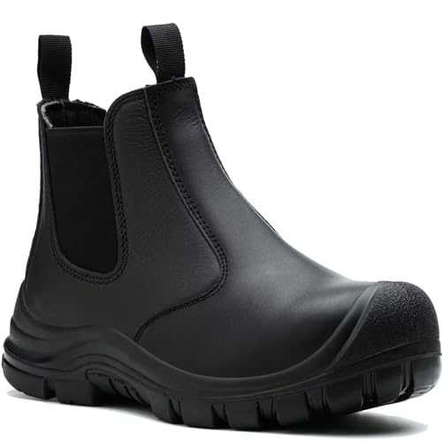 Work Boots for Men, Steel Toe Chelsea Slip On Safety Boots, Cow Leather Waterproof Comfortable Puncture-Resistant Work Shoes