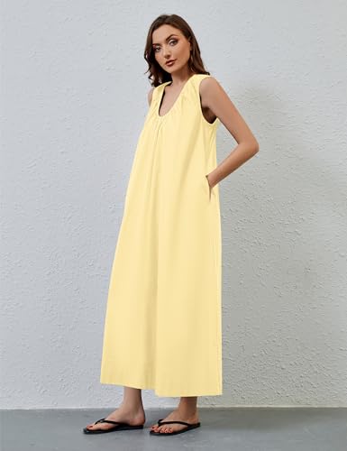 Image of Women Sleeveless Ruched Maxi Dress Scoop Neck Long Elegant Dresses Wide Shoulder Strap Blouse Dress with Side Pockets