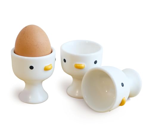 PURROOM Funny Duck Egg Cup, Cute Chick Egg Cups Gift Set of 3, Handmade Glaze Safety Ceramics Soft Boiled Egg Holder, Breakfast Kitchen Cooking.