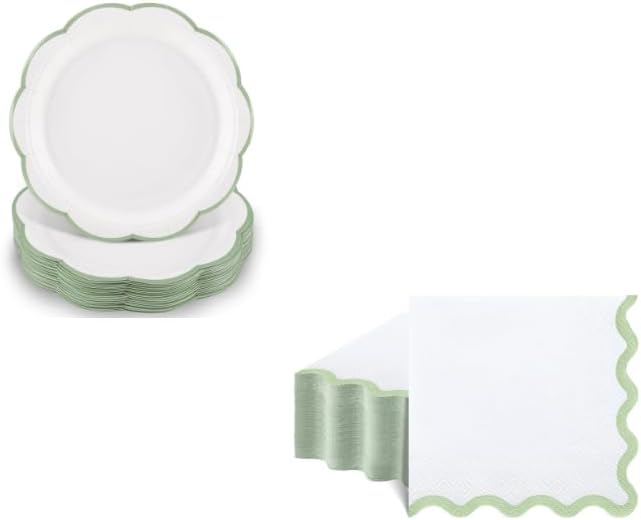 NatNarr 80 Pcs Cocktail Napkins and 30 Pcs Sage Green and White Paper Plates