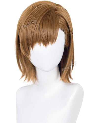 Image of Half and Half Short Deep Brown Straight Anime Cosplay Wig for Women 15'' Deep Brown Wigs with Side Part Bangs Synthetic Hair Wigs for Halloween Party Daily Costumes