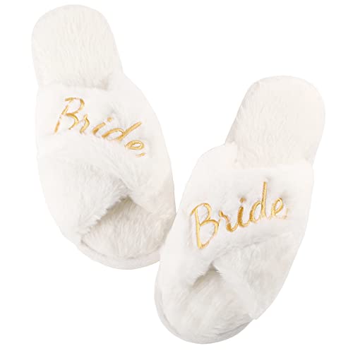 Bride Slippers for Wedding Day White Fuzzy Slippers for Bachelorette Party Bridal Shower Gifts3