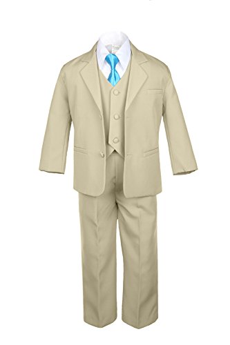 6pc Boy Khaki Vest Set Formal Tuxedo Suits with Satin Turquoise Necktie Baby to Teen (L:(12-18 Months))
