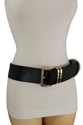 TFJ Women Fashion Wide Belt Faux Leather Metal Buckle Plus Size L XL (Black - patent faux leather)2