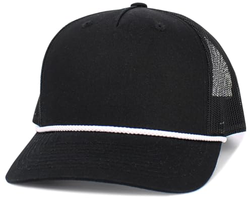 Image of KBE-5-ROPE BLK-WHT Classic 5 Panel Cotton Twill Mesh Trucker Cap Hat Adjustable Snapback Hat