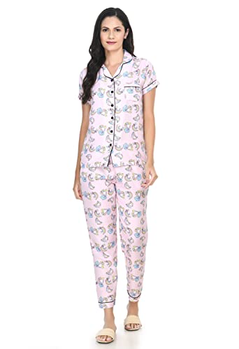 Image of Mysaa Women's Cotton Solid Printed Night Suit Set of Shirt & Pyjama
