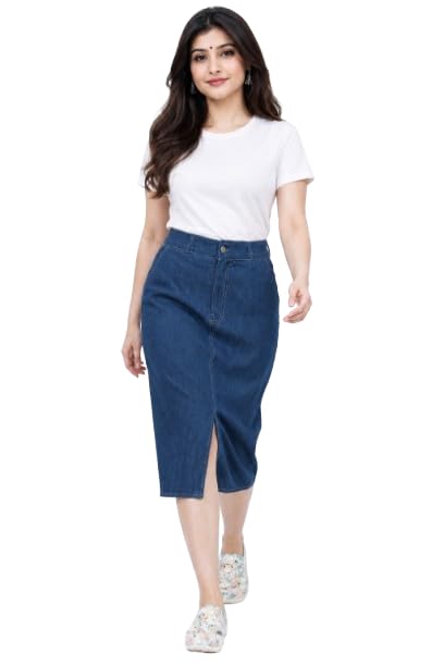 Women’s Navy Blue Denim Knee Length Skirt with Front Slit 48400-image-40