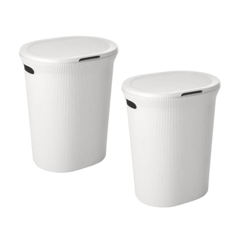 Image of Superio Ribbed Collection - Decorative Plastic Laundry Hamper with Lid and Cut-Out Handles, White (2 Pack) Basket Organzier for Bedroom Bathroom College Dorm Room 40 Liter