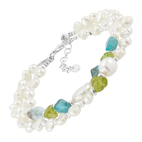 Silpada 'Blooming Garden’ Sterling Silver Freshwater Cultured Pearl, Peridot, and Aquamarine Chain Bracelet, 7” + 1”