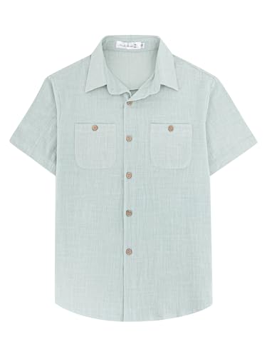 Yoimira Boys Short Sleeve Button Down Shirts Lightweight Summer Casual Cotton Woven Shirt with Pockets for Kids 6-14 Years Green