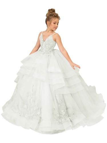 Tulle Flower Girl Dress Wedding Lace Appliques Pageant Dresses for Girls Layered Formal Long Party Ball Gown