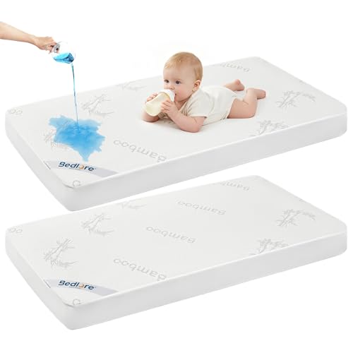 Image of BEDLORE Waterproof Crib Mattress Protector 2 Pack, Ultra Soft Bamboo Viscose Crib Mattress Pad Cover, Noiseless Toddler Mattress Protector for Standard Baby Bed Size 52''x28'', White
