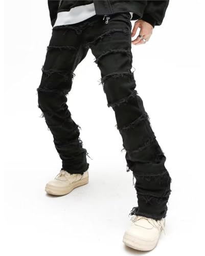 XYGJZ Men's Skinny Ripped Jeans Stacked Frayed Straight Leg Slim Fit Distressed Denim Pants4
