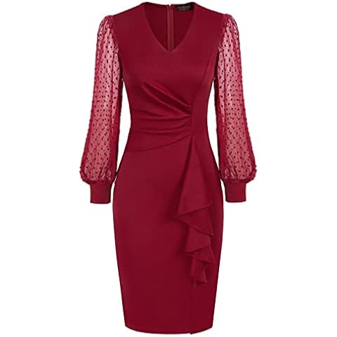 CURLBIUTY Long Sleeve V-Neck Cocktail Casual Dress Women Bodycon Slit Dress OL S Wine Red 99A21-1 Cover
