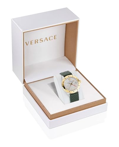 Versace Greca Time GMT Collection Luxury Mens Watch Timepieces with a Green Strap Featuring a Two Tone Case and a Silver Dial4