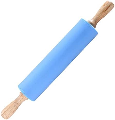 Rolling Pins Non-Stick Silicone Rolling Pin Wooden Handle Pastry Dough Flour Roller Kitchen Cooking Baking Tool for Pasta Cookie Dough(Blue)
