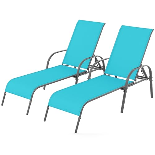 Image of Giantex 2 Pack Patio Lounge Chair, Outdoor Chaise Lounge with 5 Adjustable Backrest, Sturdy Steel Frame, Sunbathing Recliner, Tanning Chair for Beach, Outside, Yard, Balcony, Pool Chairs (2,Turquoise)