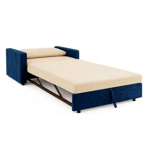 Image of SOCOZI Enrique 1 Seater Sofa Cum Bed | Soft Velvet Suede Fabric | Modern Convertible Design | Plush Comfort Seating for Living Room (Dark Blue-Cream)