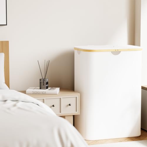 SpaceAid Double Laundry Hamper 2 Section with Lid and Removable Laundry Bags, 160L Clothes Basket with Bamboo Handles, Large Collapsible Hamper for Bedroom, Bathroom, Dorm, Laundry Room - White