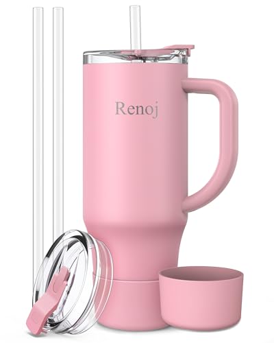 Image of Renoj Insulated Mug 100% Leak Proof Insulated Water Bottle for Iced Coffee & Hot Drinks - Fits Car Cup Holder, Ideal Gift, 2 Straws & Silicone Boot - SnapShift Pink 32 oz