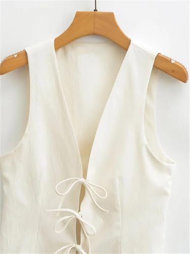 Fnfmrfmr Women Bow Solid V-Neck Waistcoat Slim Sleeveless Office Lady Vest Crop Top3