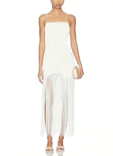 ALENDA DANMOS Women Fringe Bodycon Maxi Dress Spaghetti Strap Cocktail Dress Long Tassel Gatsby Dresses 528(M White)