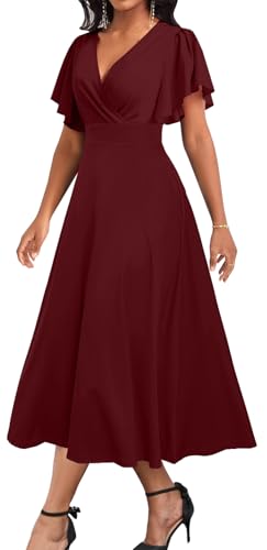 ZonJie Summer Casual Dress for Women V Neck Ruffle Short Sleeve A Line Swing Flared Cocktail Party Midi Dress with Pocket2