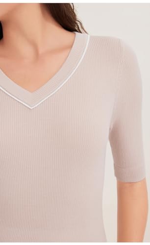 ​Women's Biella Merino V-Neck Sweater | 12-Gauge Half Sleeve Color-Block Lightweight Transitional Pullover, BD45212173