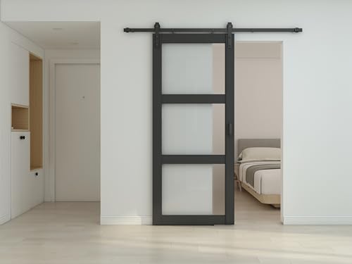 Image of 36 in. x 84 in. 3 Lite Pre Assembled Frosted Glass Black MDF Interior Sliding Barn Door with Hardware Kit Door Handle