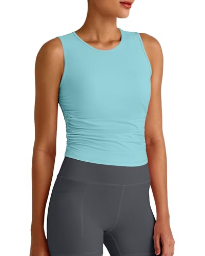 Image of G4Free Skimetic Workout Tank Tops for Women Side Ruched Sleeveless High Neck Crop Top Summer Athletic Gym Shirts