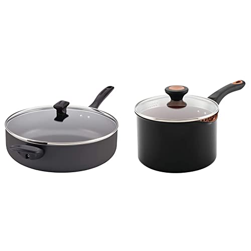 Image of Farberware Dishwasher Safe Nonstick Jumbo Cooker/Saute Pan with Helper Handle - 6 Quart, Black & Glide Nonstick Sauce Pan/Saucepan with Straining and Lid, 3 Quart, Black