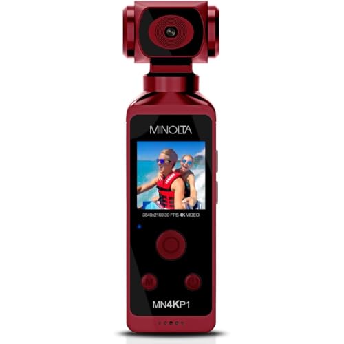 Minolta 4K Ultra HD Pocket Camcorder – WiFi Enabled Action Camera with 16MP Photos, 170° Wide Angle Lens, 270° Rotating Head, Slow Motion, 1.3-inch Display - 16GB Card & Waterproof Case (Red)