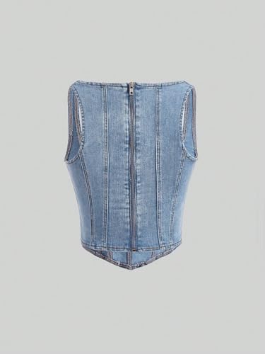 WDIRARA Women's Square Neck Sleeveless Zip Back Asymmetrical Denim Tank Crop Top2