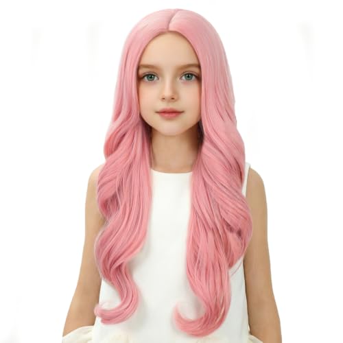 Image of Kids Pale Pink Wig Long Pastel Pink Wavy Curly Wig for Child Long Middle Part Wigs Heat Resistant Synthetic Hair with Cap (Small Size)