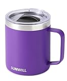 SUNWILL Insulated Coffee Mug with Lid, Travel Tumbler with Handle, 14 oz Stainless Steel Cup for Camping, Office, Home, Powder Coated Purple