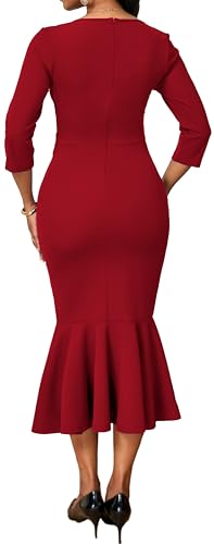Image of Elegant Dress for Women Sexy V Neck Long Sleeve Bodycon Midi Fishtail Dresses