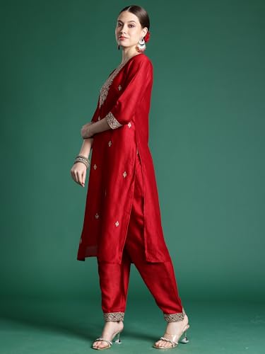 Image of INDO ERA Women's Embroidered Silk Blend Straight Kurta And Pant With Dupatta Set (Kh9Mr6293)