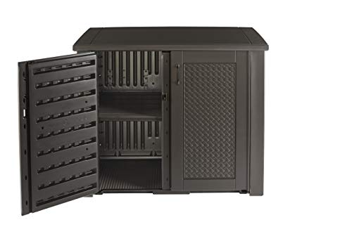 Rubbermaid Extra Large Decorative Patio Storage Cabinet, Weather Resistant, 123 Gal., Dark Teakwood, For Garden/Backyard/Home/Pool #TOP6