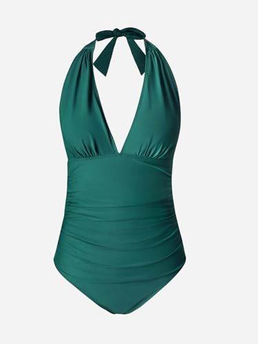 Image of CUPSHE Women Deep V Neck One Piece Halter Swimsuit | Backless,Ruched,Tummy Control,Soft Removable Cups,Flattering Bathing Suit For Vacation And Beach