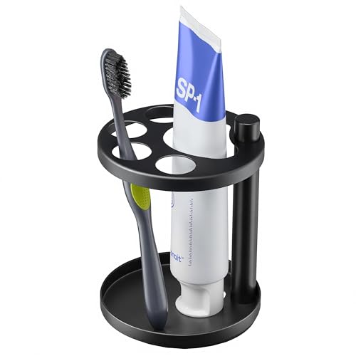 Metal Toothbrush Holder Stand for Bathroom: Stainless Steel Ventilated Organizer with Slots for Electric Toothbrushes, Toothpaste, Razors & Small Comb, Unique Footprint Base Design, Black