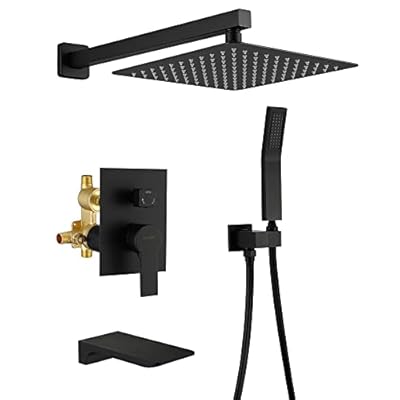 SHAMANDA Shower System with Waterfall Tub Spout and Handheld Shower Head, 10" Rain Shower Faucet Sets Complete with Shower Round-in Valve and Trim Wall Mount, Matte Black, L1010-7
