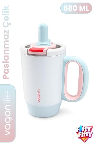 680 ML Tek Kapak Çift Kullanım Pipetli Rahat İçim Kulplu Paslanmaz Çelik Termos Mug FFVGN1113-680 ML Mavi