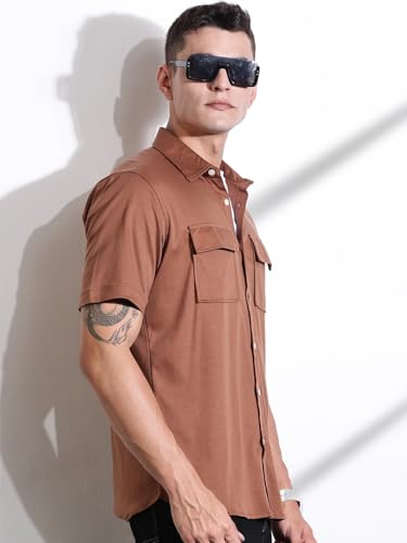 Image of Thomas Scott Men's | Solid | Half Sleeve | Slim Fit | Cotton Blend | Double Flap Pocket | Spread Collar | Casual Shirt