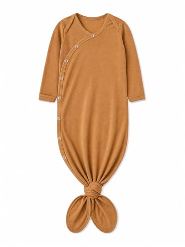 Image of Copper Pearl Baby Gown - Knotted Newborn Sleepers for Baby Boy and Girl, Soft Stretchy Long Sleeve Infant Gowns with Bottom Tie and Hand Mittens, Perfect Hospital Coming Home Outfit (Camel)