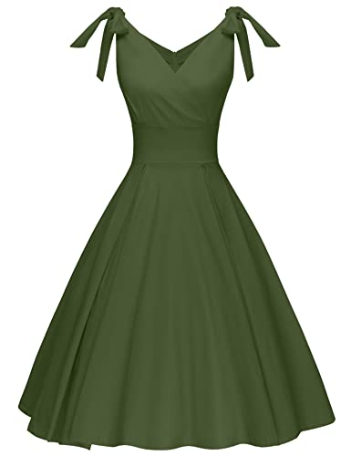 Gowntown Women's 1950S V-Neck Adjustable Bowknot Swing Cocktail Dress Army Green #TOP2