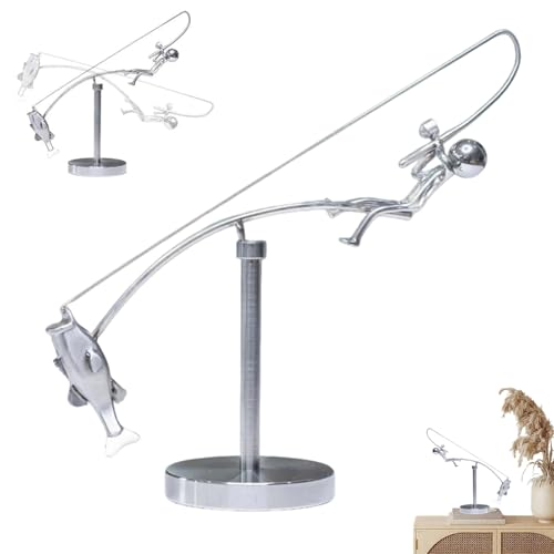 Ohphnt Kinetic Fishing Sculpture,The Fisherman Balancing Sculpture - Balance Art for Your Space,Metal Fishing,Metal Statue Home Office Desktop Ornament, Gift Lovers-A
