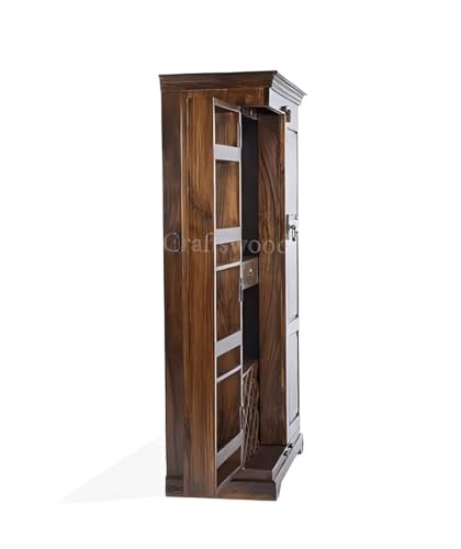 Image of Credenza Solid Sheesham Wood Bar Cabinet - Bottle Rack & Storage Drawers, Wooden Drinks & Glasses Holder, Handcrafted Home Bar Furniture - Brown Finish, No Assembly Required