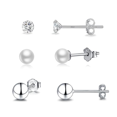 Ecripe 3Pairs Sterling Silver Small Stud Earring Set for Women, Mini Round Zirconia Silver Stud Earrings Girls, Hypoallergenic Sleeper Cartilage Earrings for Multiple Piercings
